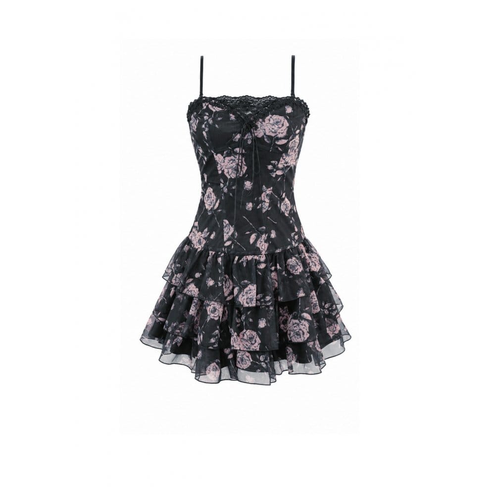 Darkinlove Women's Grunge Lace-up Rose Layered Ruffle Hem Slip Dress