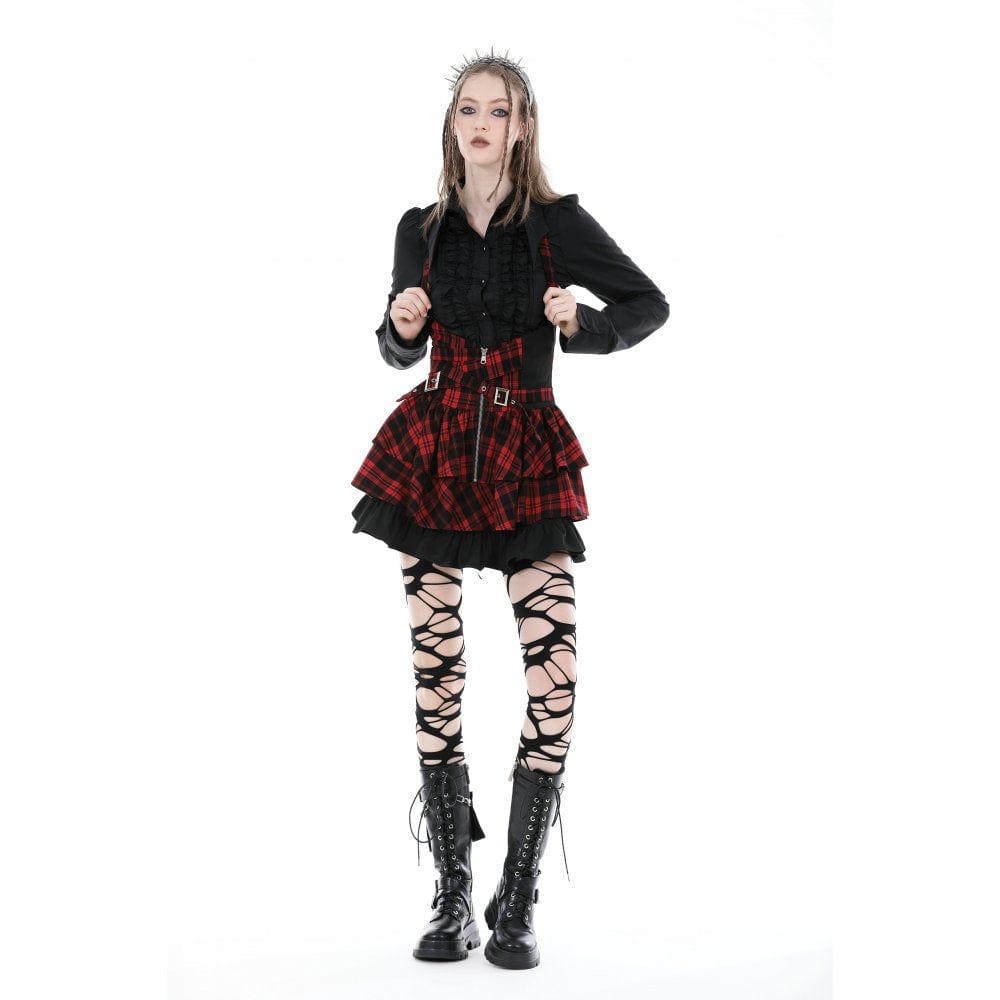Darkinlove Women's Grunge Layered Plaid Suspender Skirt