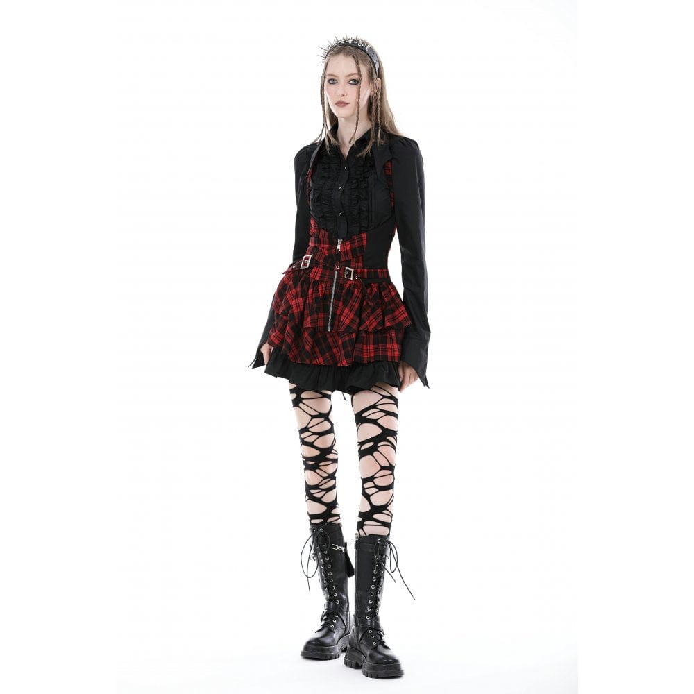 Darkinlove Women's Grunge Layered Plaid Suspender Skirt