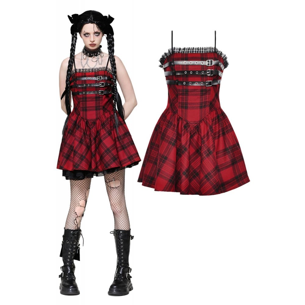 Darkinlove Women's Grunge Pleated Eyelets Plaid Dress Red