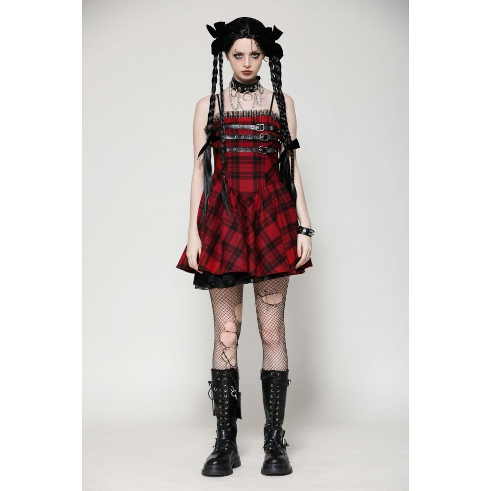 Darkinlove Women's Grunge Pleated Eyelets Plaid Dress Red