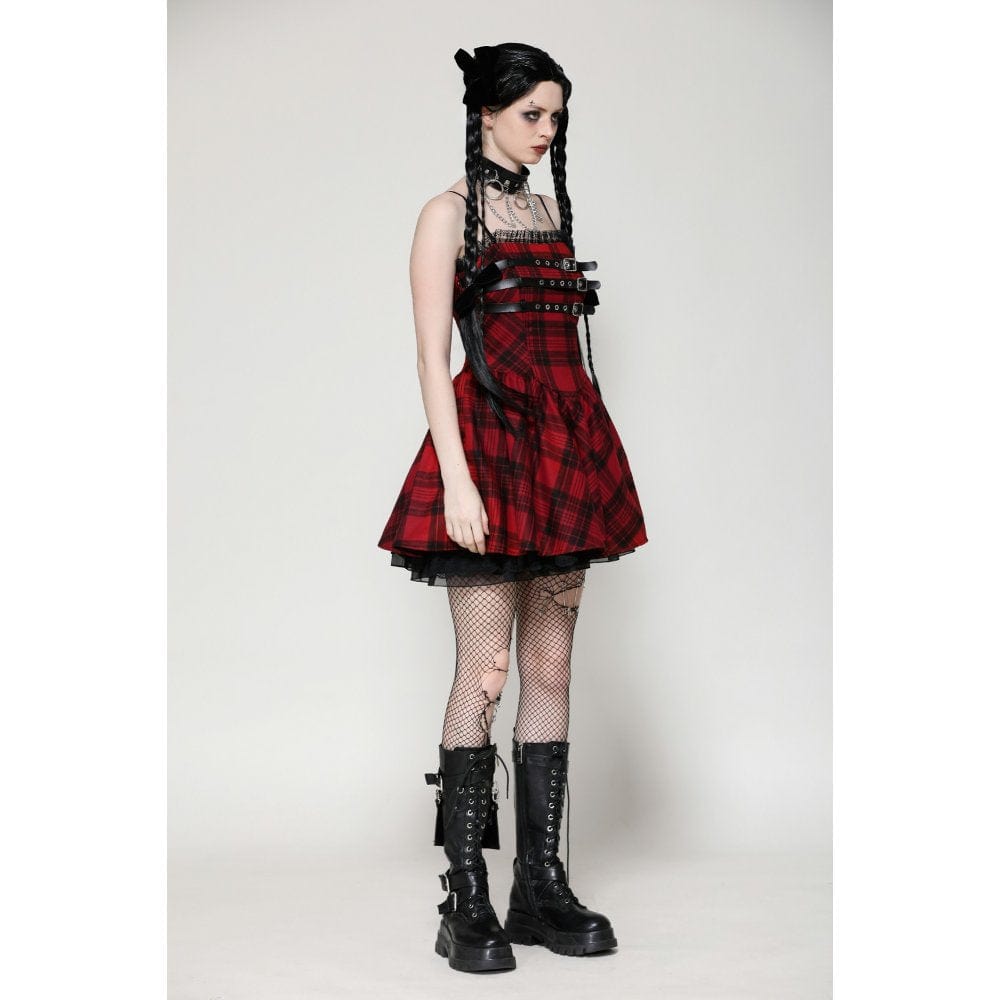 Darkinlove Women's Grunge Pleated Eyelets Plaid Dress Red