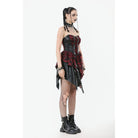 Darkinlove Women's Grunge Red Plaid Irregular Hem Faux Leather Slip Dress