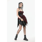 Darkinlove Women's Grunge Red Plaid Irregular Hem Faux Leather Slip Dress