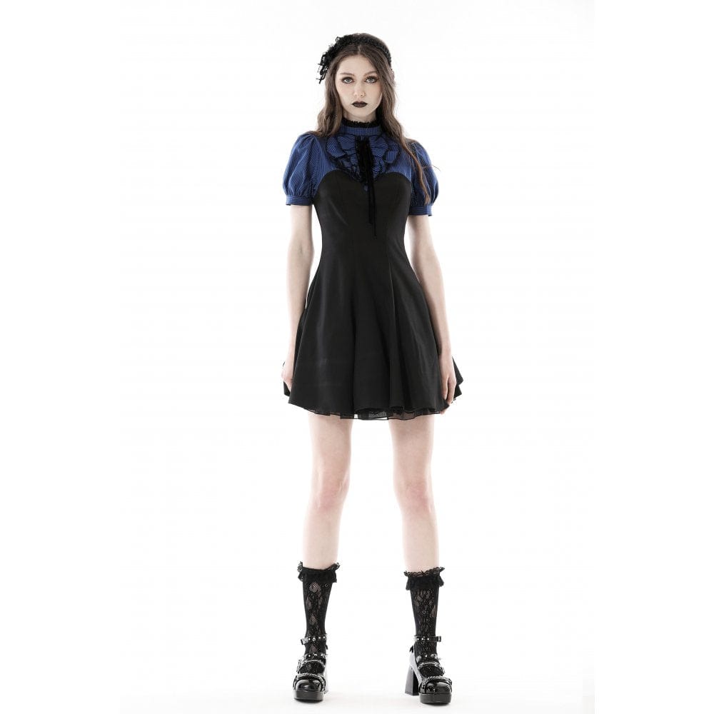 Darkinlove Women's Grunge Stand Collar Striped Splice Dress