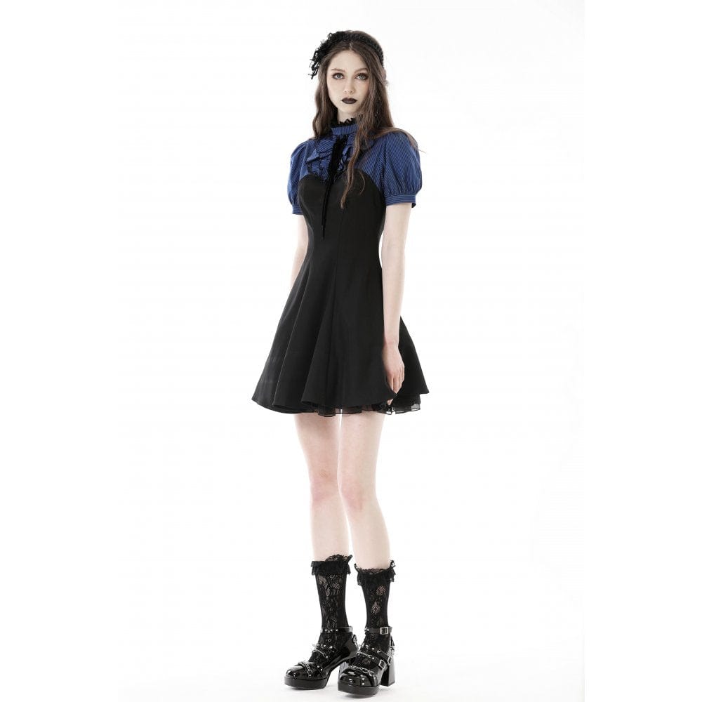 Darkinlove Women's Grunge Stand Collar Striped Splice Dress