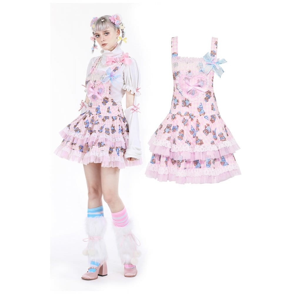 Darkinlove Women's Lolita Bear Printed Layered Overall Dress