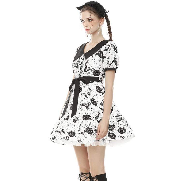 Darkinlove Women's Lolita Cat Printed Peter Pan Collar Short Dresses with Belt