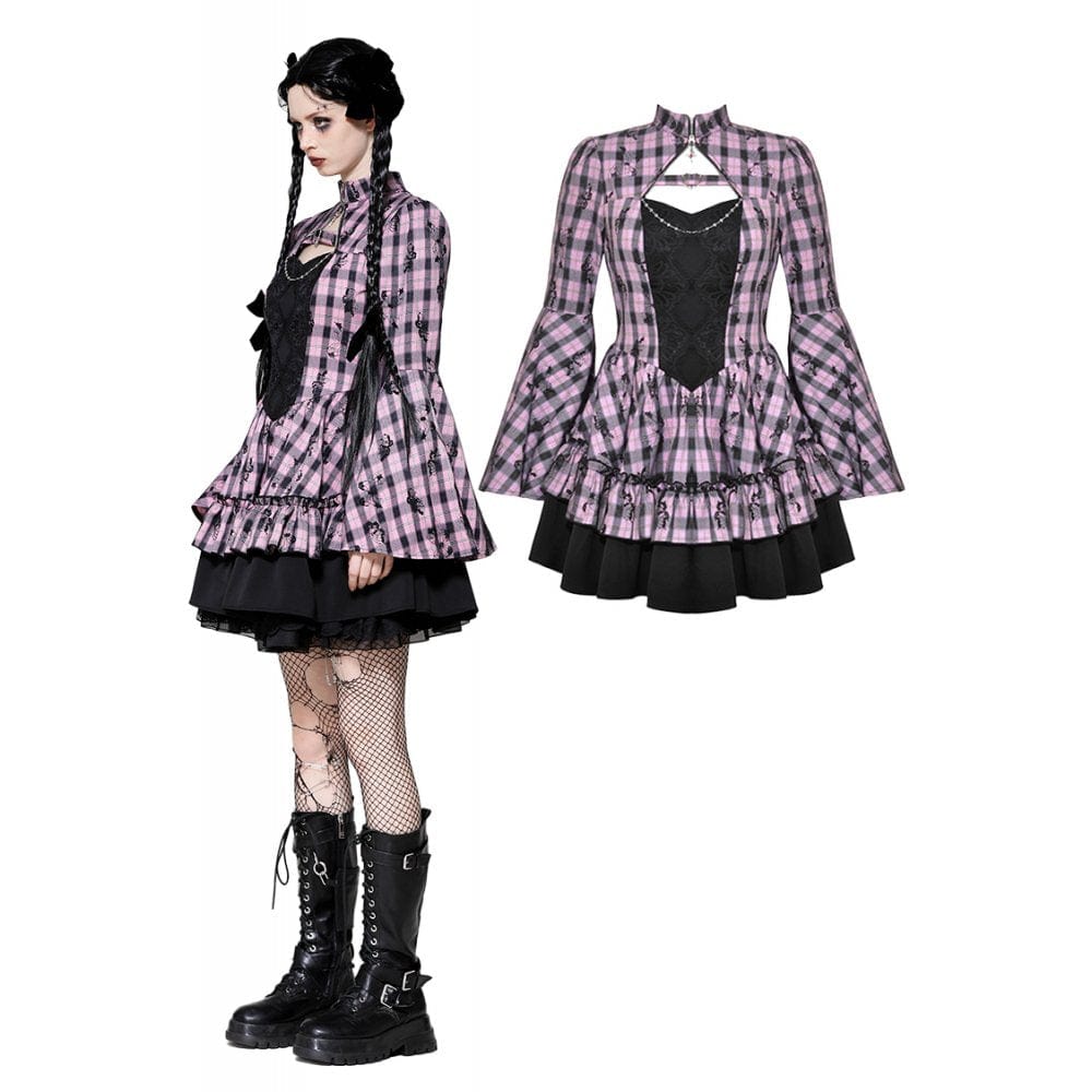 Darkinlove Women's Lolita Contrast Color Ruffled Plaid Homecoming Dress