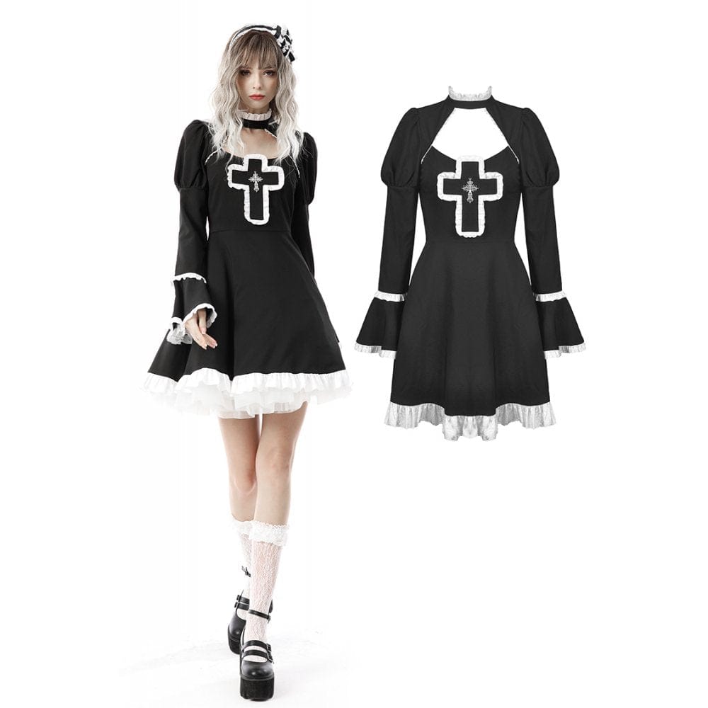 Darkinlove Women's Lolita Cutout Puff Sleeved Multilayer Maid Dress