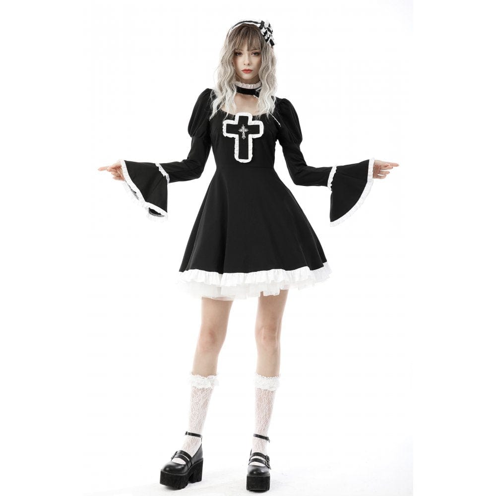 Darkinlove Women's Lolita Cutout Puff Sleeved Multilayer Maid Dress