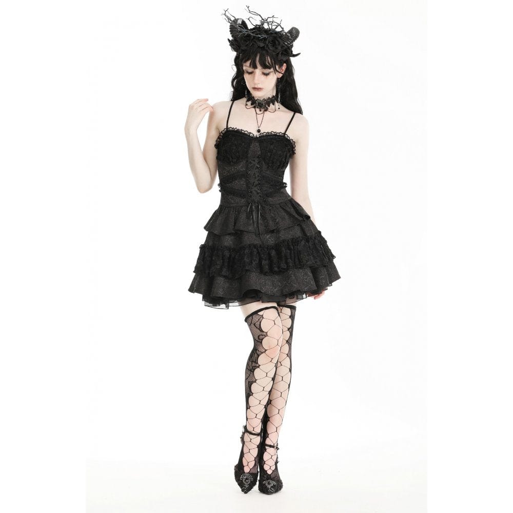 Darkinlove Women's Lolita Lace Splice Ruffled Party Slip Dress