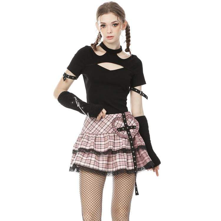 Darkinlove Women's Lolita Rock Heart Pink Plaid Mini Skirts with Lace Hem