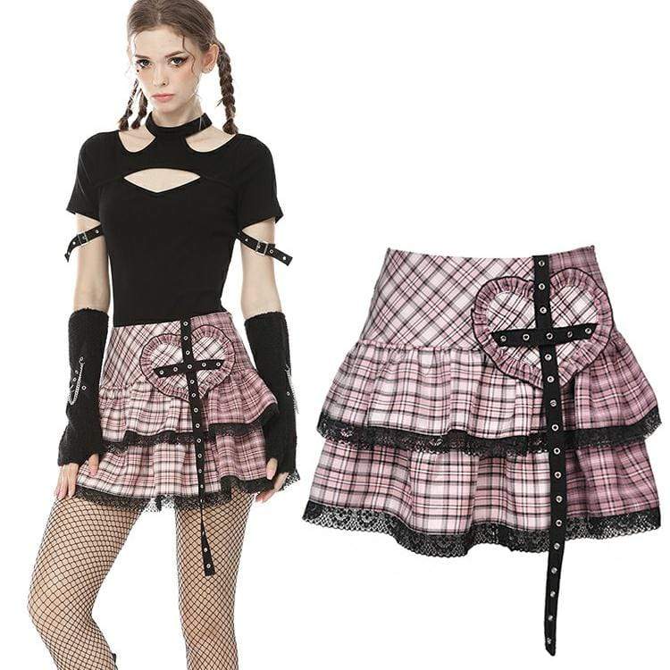 Darkinlove Women's Lolita Rock Heart Pink Plaid Mini Skirts with Lace Hem