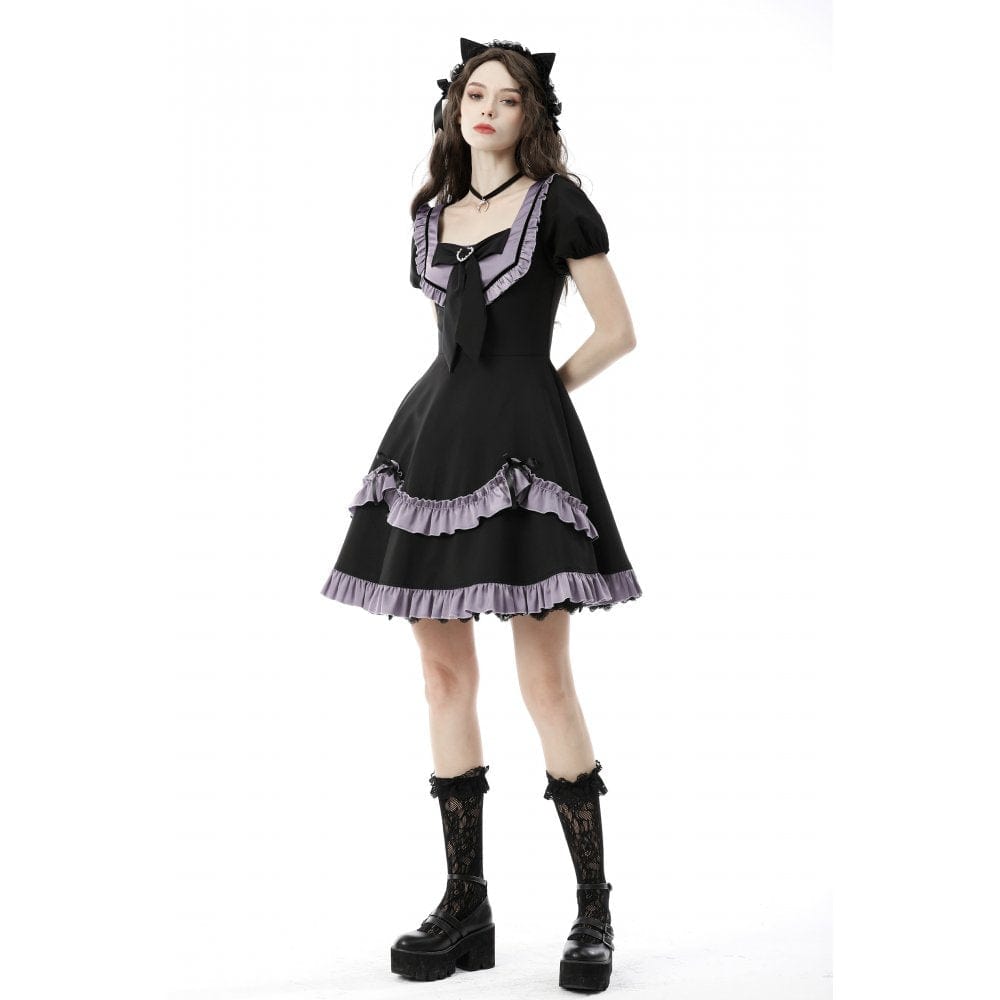 Darkinlove Women's Lolita Square Collar Contrast Color Multilayer Dress with Bowknot