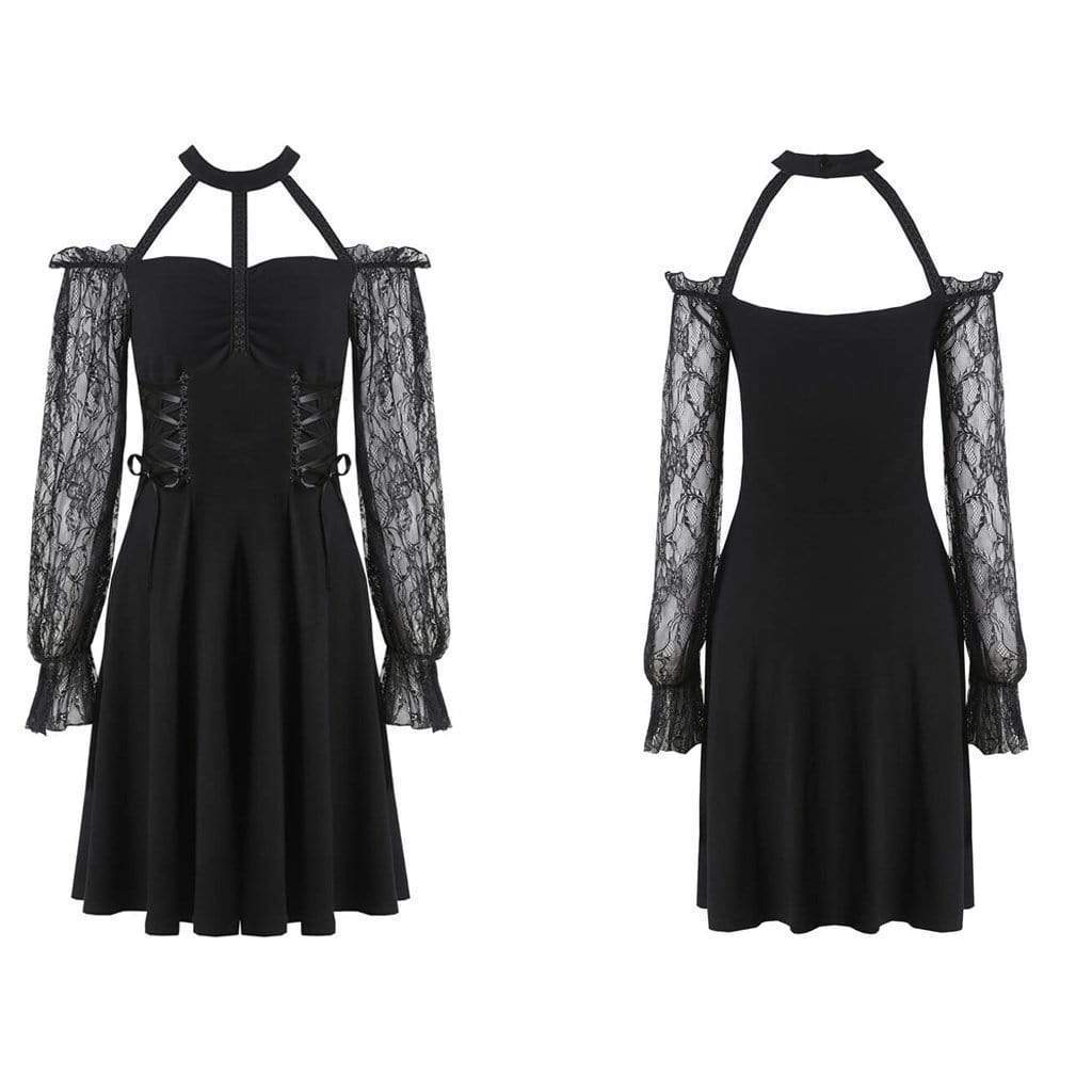 Darkinlove Women's Off shoulder Punk Dress With Lace Sleeves