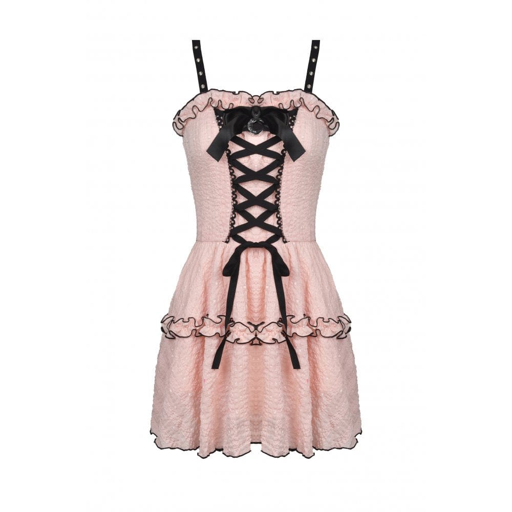 Darkinlove Women's Pastel Gothic Bowknot Pink Multilayer Slip Dress