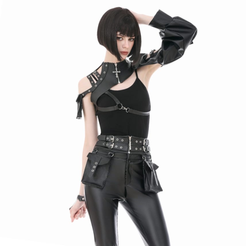 Mantella punk asimmetrica da donna Darkinlove con occhielli e fibbia, cinturino e ritagli