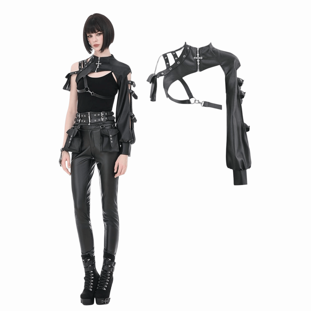 Mantella punk asimmetrica da donna Darkinlove con occhielli e fibbia, cinturino e ritagli