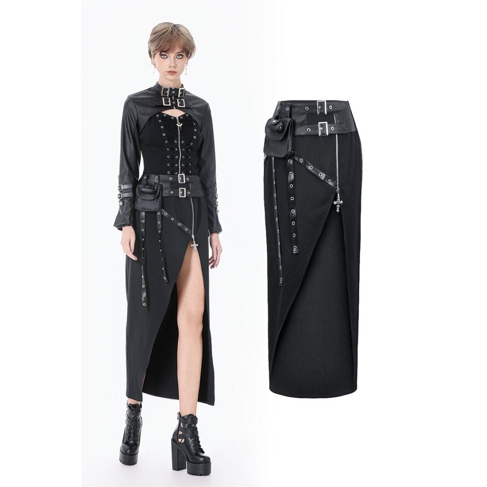 Darkinlove Women's Punk Asymmetric Eyelet Strappy Zip Long Skirt