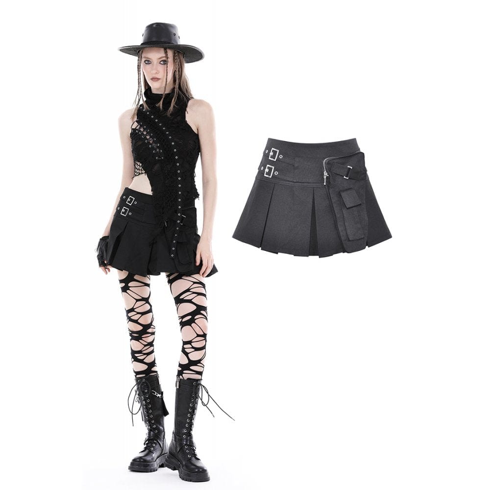 Darkinlove Women's Punk Big-pocket Buckle Pleated Skirt