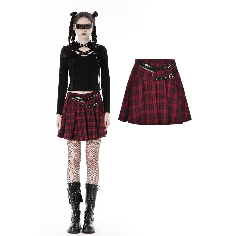 Darkinlove Women's Punk Big-pocket Plaid Pleated Skirt