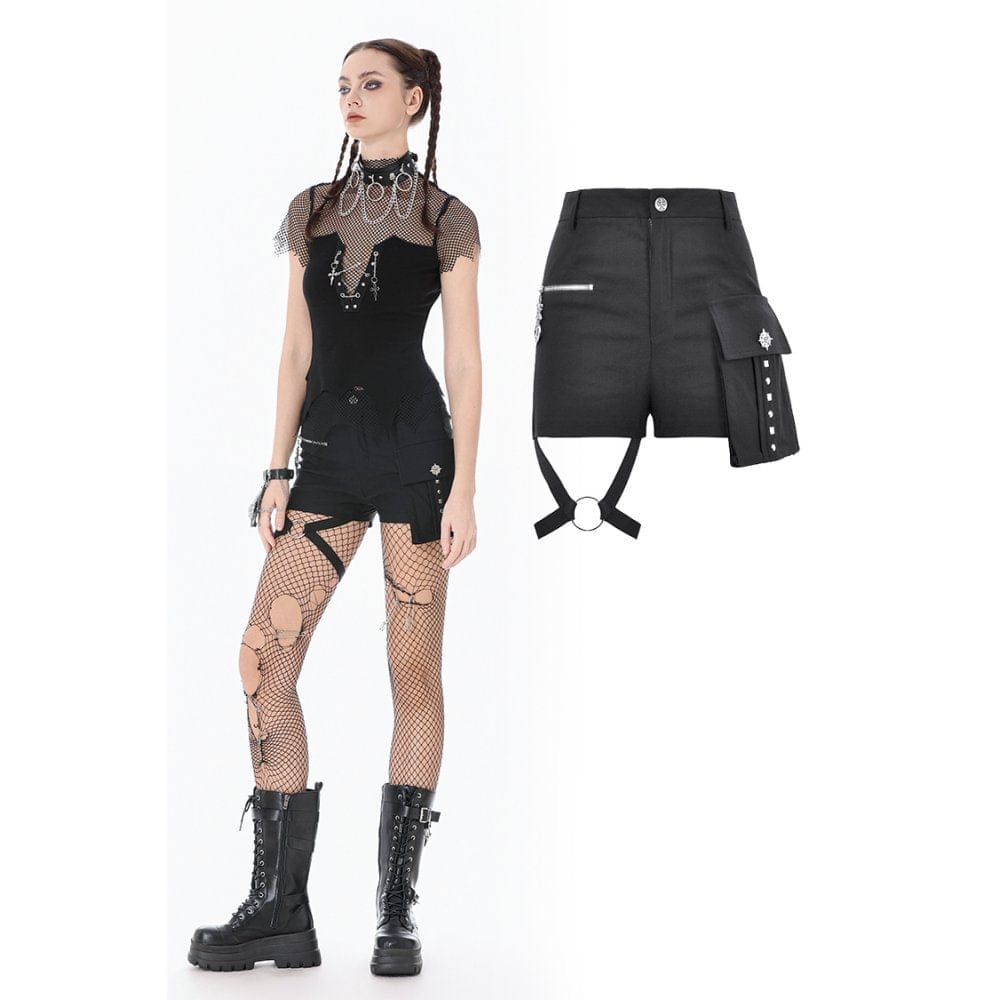 Darkinlove Women's Punk Big Pocket Zip Shorts with Leg Harness