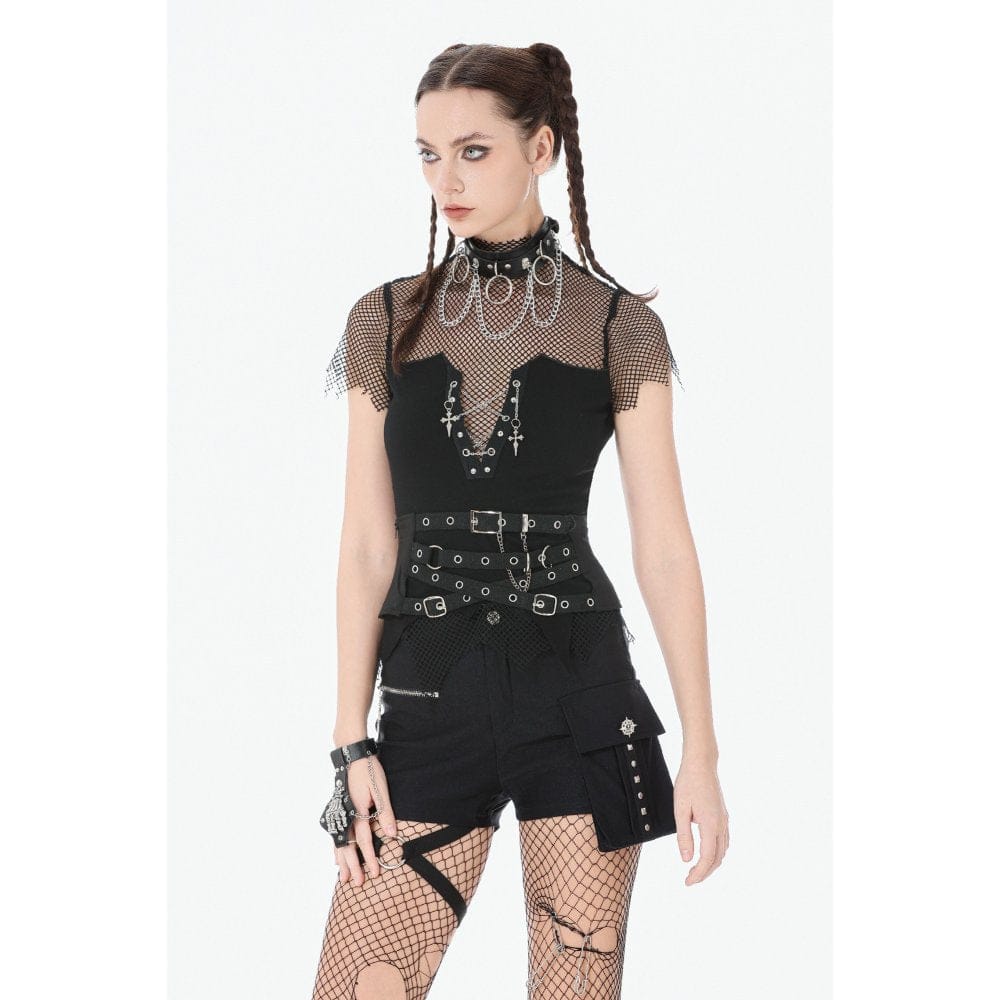 Darkinlove Women's Punk Big Pocket Zip Shorts with Leg Harness