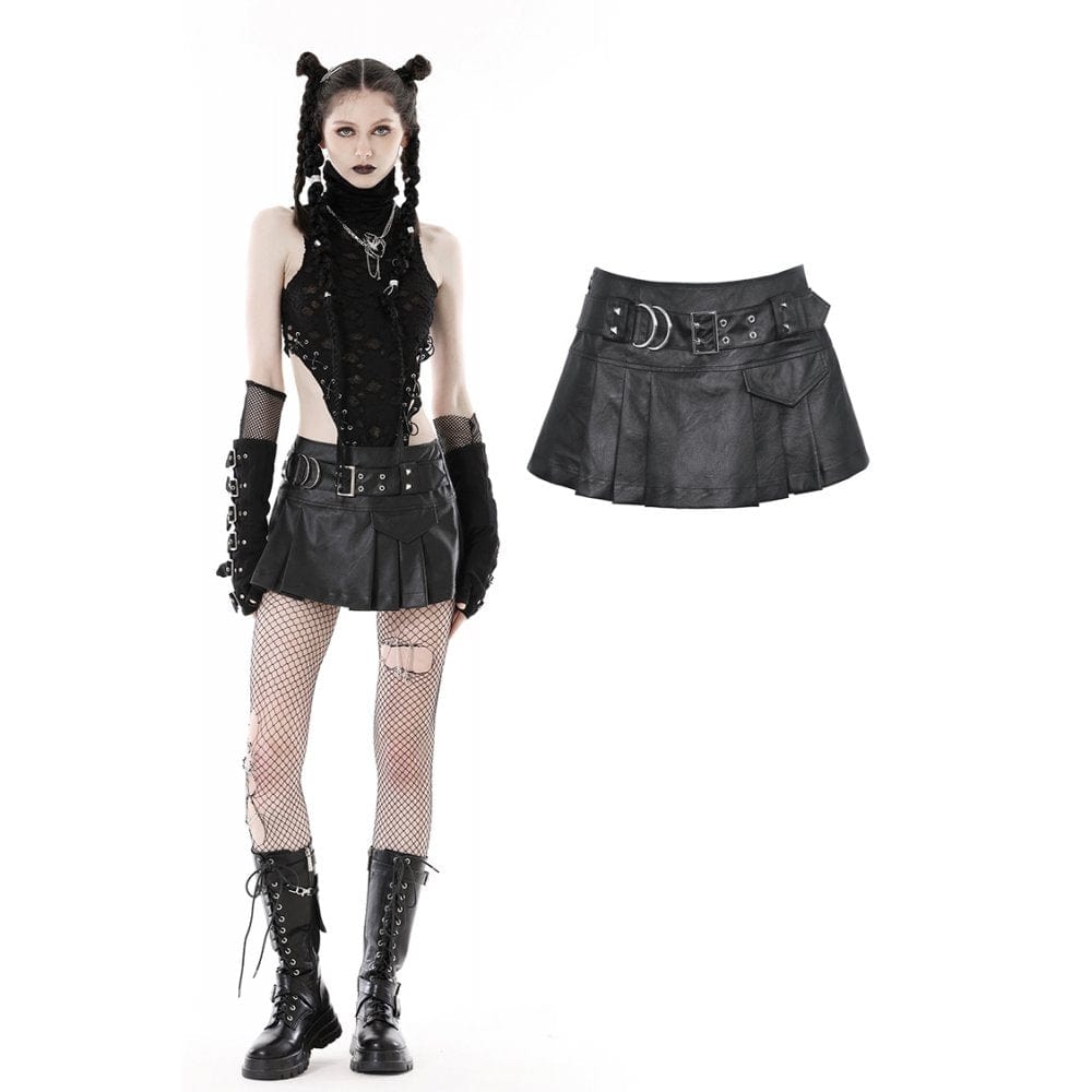 Darkinlove Women's Punk Buckle Faux Leather Pleated Skirt