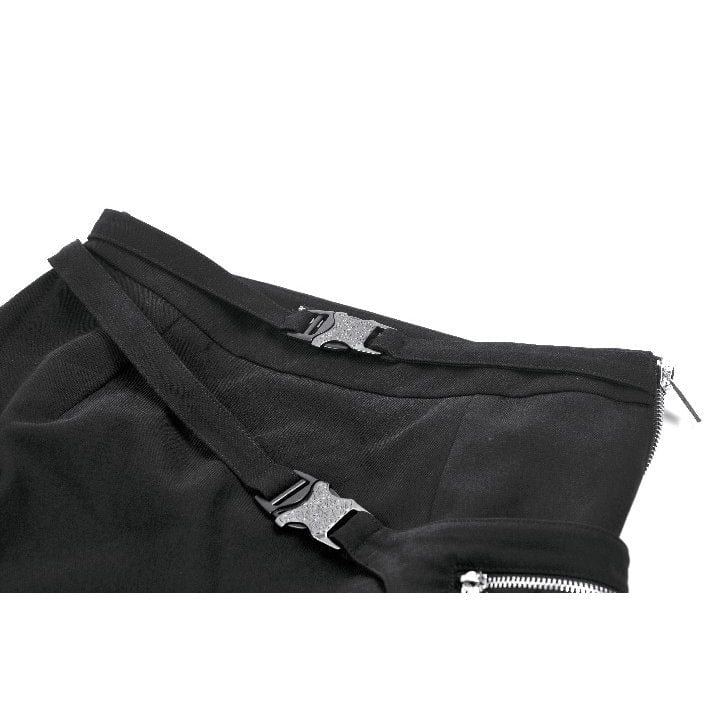 Darkinlove Women's Punk Buckle Strap Eyelet High-slit Midi Skirt with Detachable Pocket