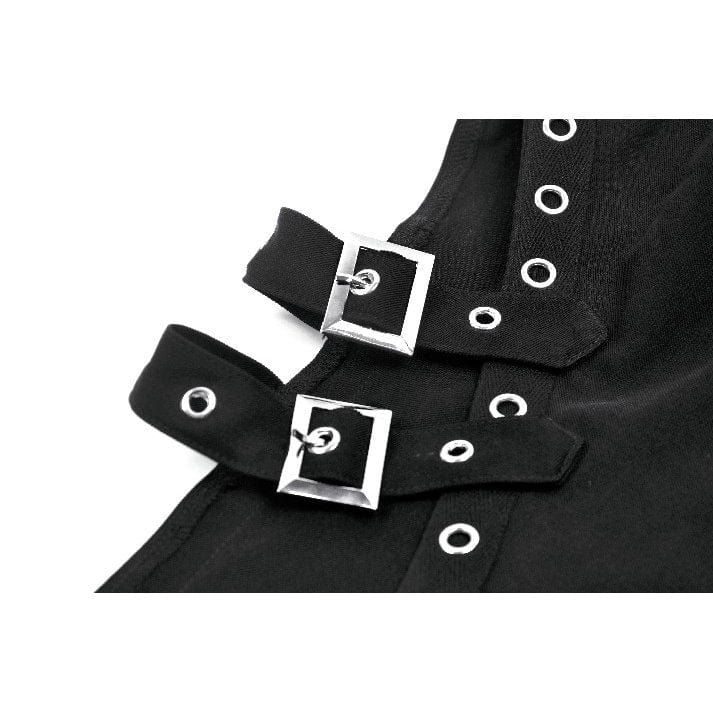 Darkinlove Women's Punk Buckle Strap Eyelet High-slit Midi Skirt with Detachable Pocket