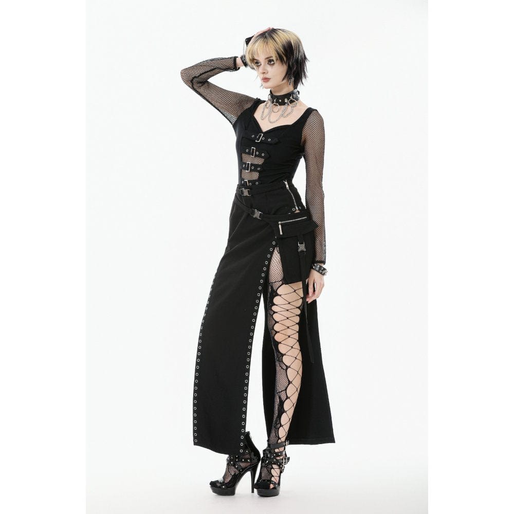 Darkinlove Women's Punk Buckle Strap Eyelet High-slit Midi Skirt with Detachable Pocket