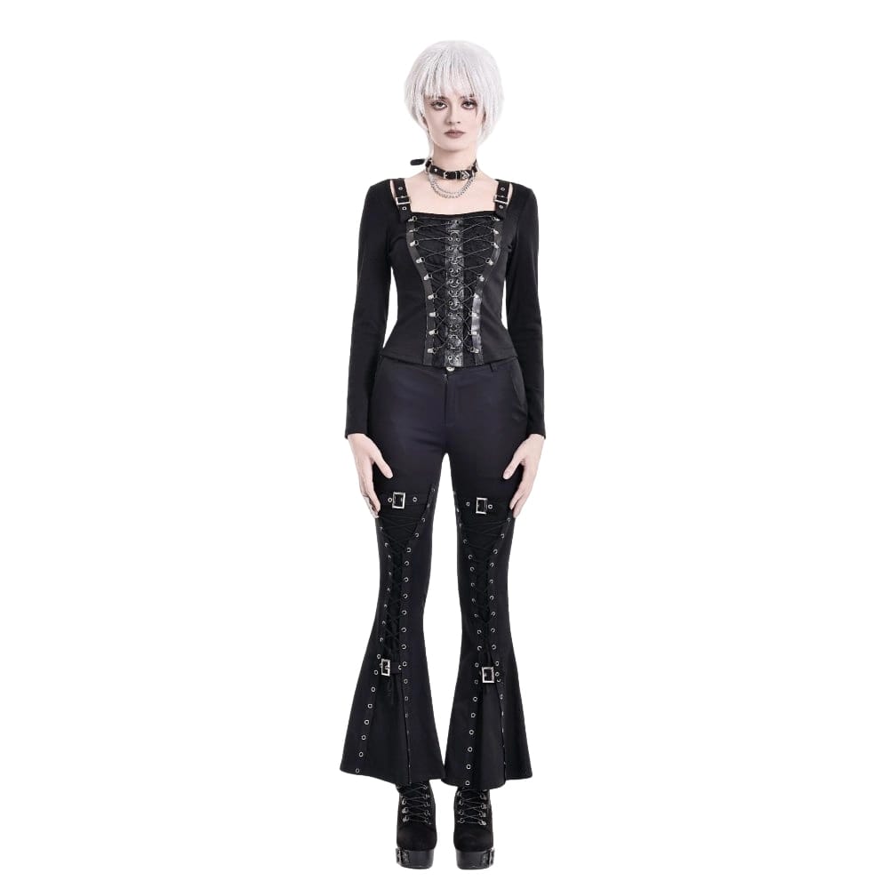 Darkinlove Women's Punk Buckle Strap Eyelet Lace-up Flare Pants