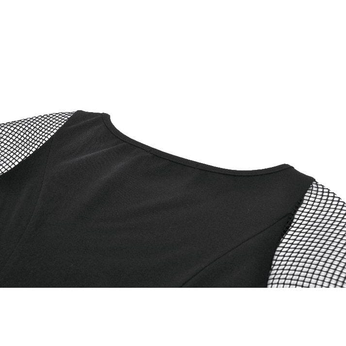 Darkinlove Women's Punk Buckle Strap Mesh Splice Long Sleeved Top