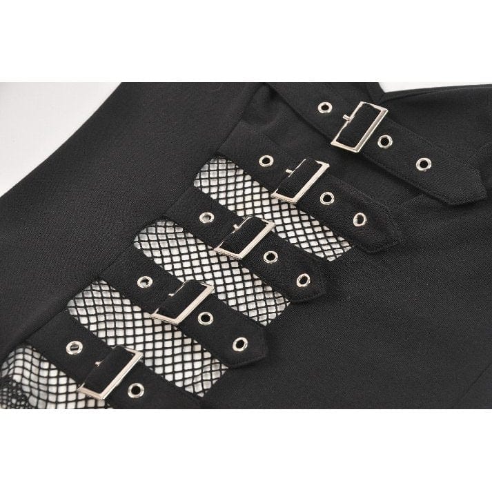 Darkinlove Women's Punk Buckle Strap Mesh Splice Long Sleeved Top