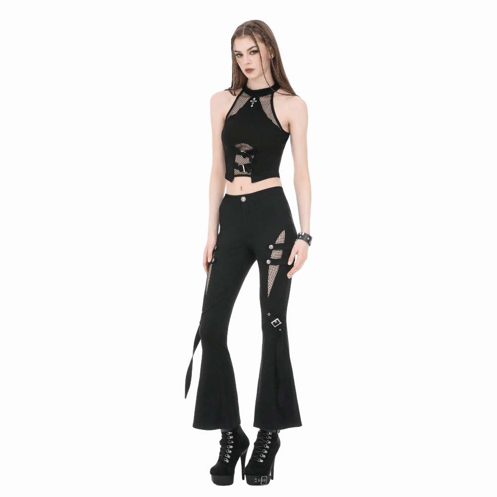 Darkinlove Women's Punk Buckle Straps Mesh Patchwork Flare Pants