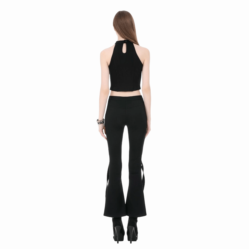 Darkinlove Women's Punk Buckle Straps Mesh Patchwork Flare Pants