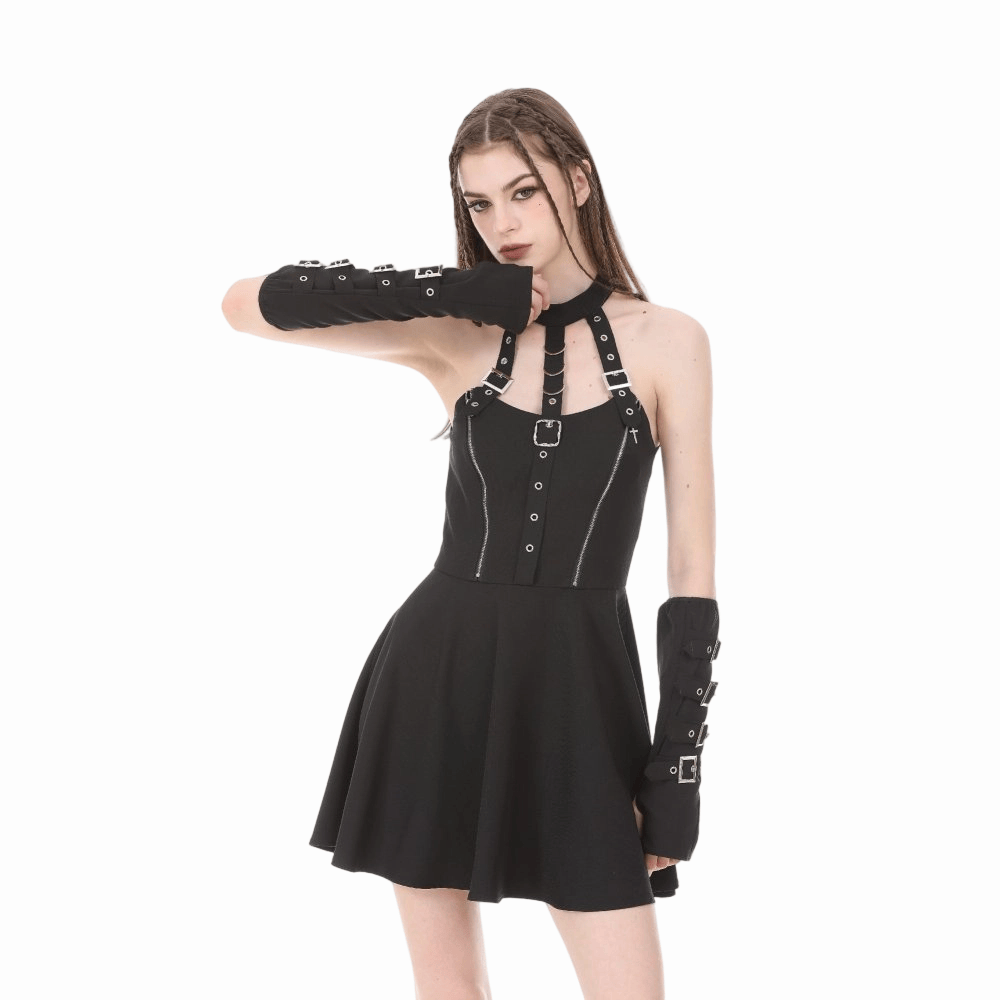 Darkinlove Women's Punk Buckle Straps Zippers Halter Dress