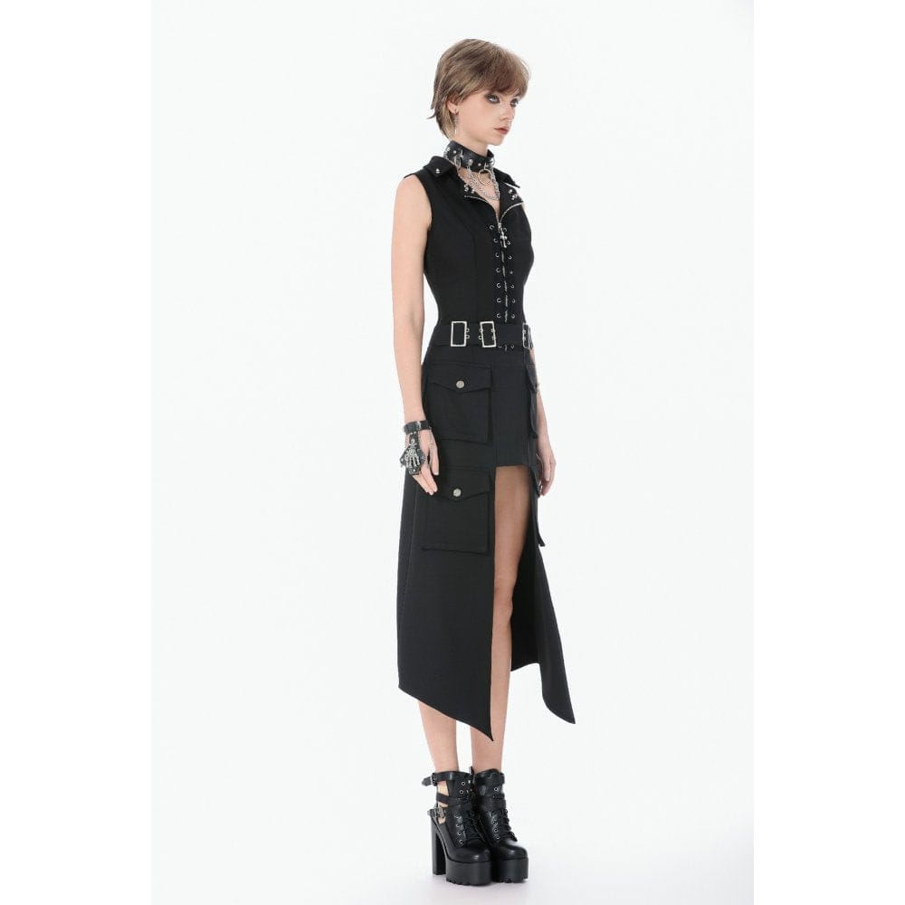 Darkinlove Women's Punk Buckle-up Multi-pocketed Cutout Long Skirt