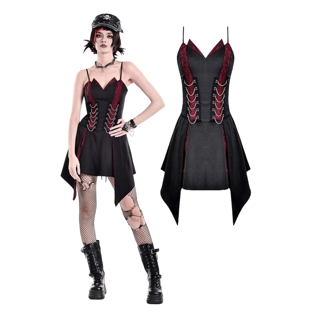 Darkinlove Women's Punk Chained Contrast Color Irregular Hem Slip Dress