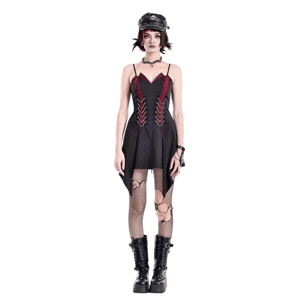 Darkinlove Women's Punk Chained Contrast Color Irregular Hem Slip Dress