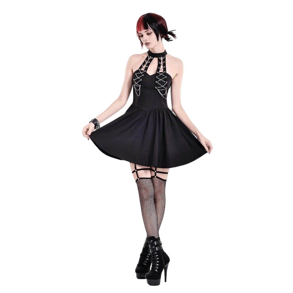 Darkinlove Women's Punk Chained Cutout Halter Dress