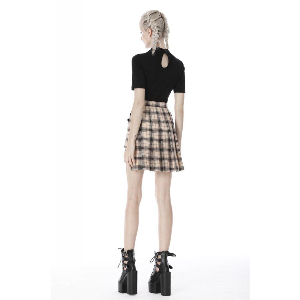 Darkinlove Women's Punk Checked Belts Plaid Pleated Short Skirts