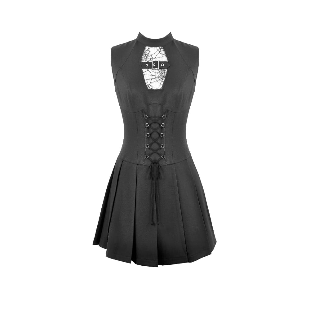 Darkinlove Women's Punk Cobweb Mesh Splice Lace-up Sleeveless Dress