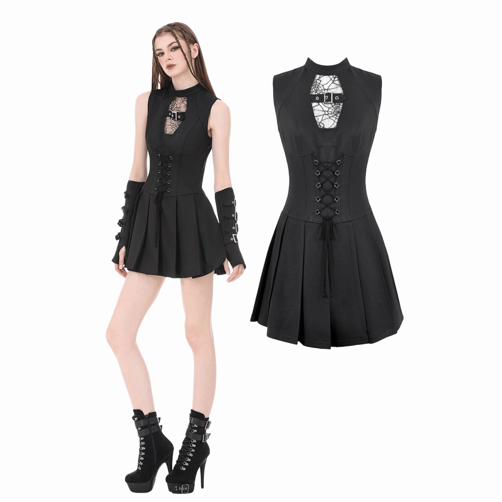 Darkinlove Women's Punk Cobweb Mesh Splice Lace-up Sleeveless Dress