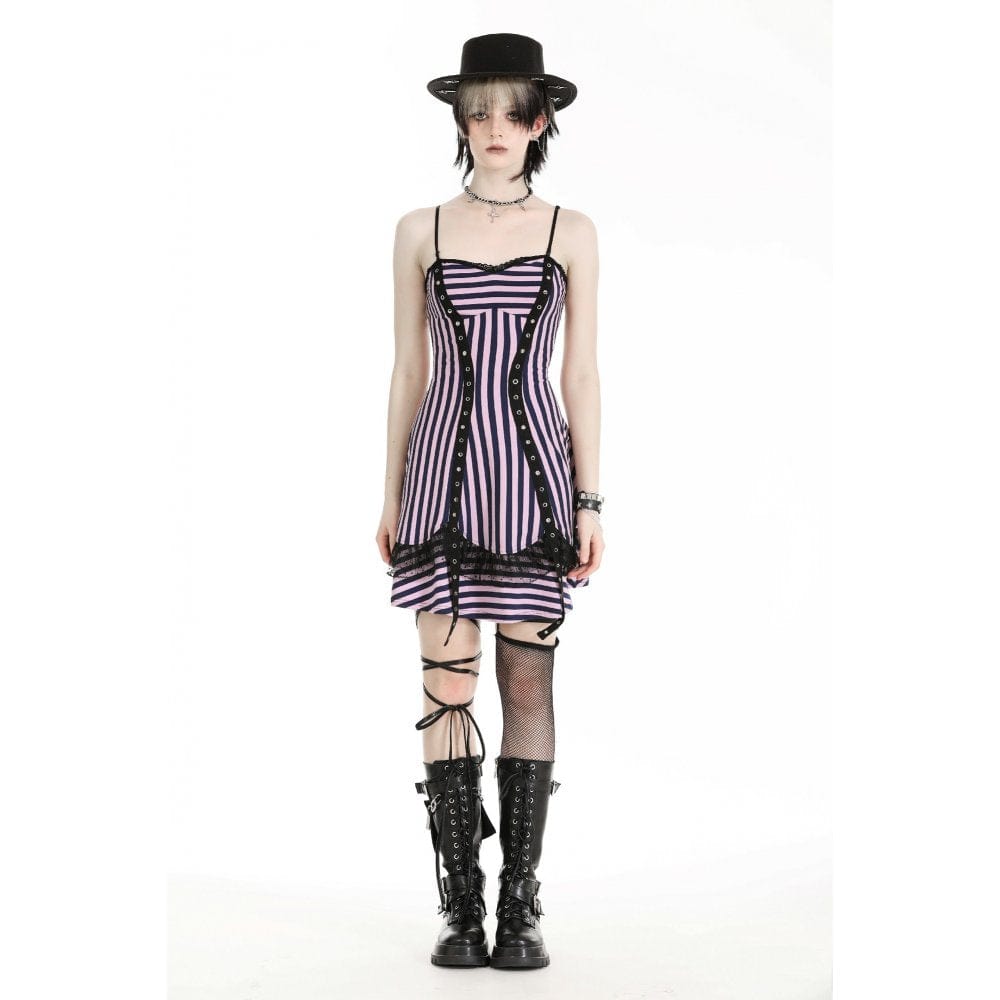 Darkinlove Women's Punk Contrast Color Striped Music Festival Slip Dress