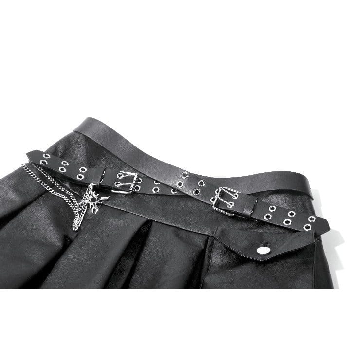 Darkinlove Women's Punk Cross Belt Chained Pleated Skirt