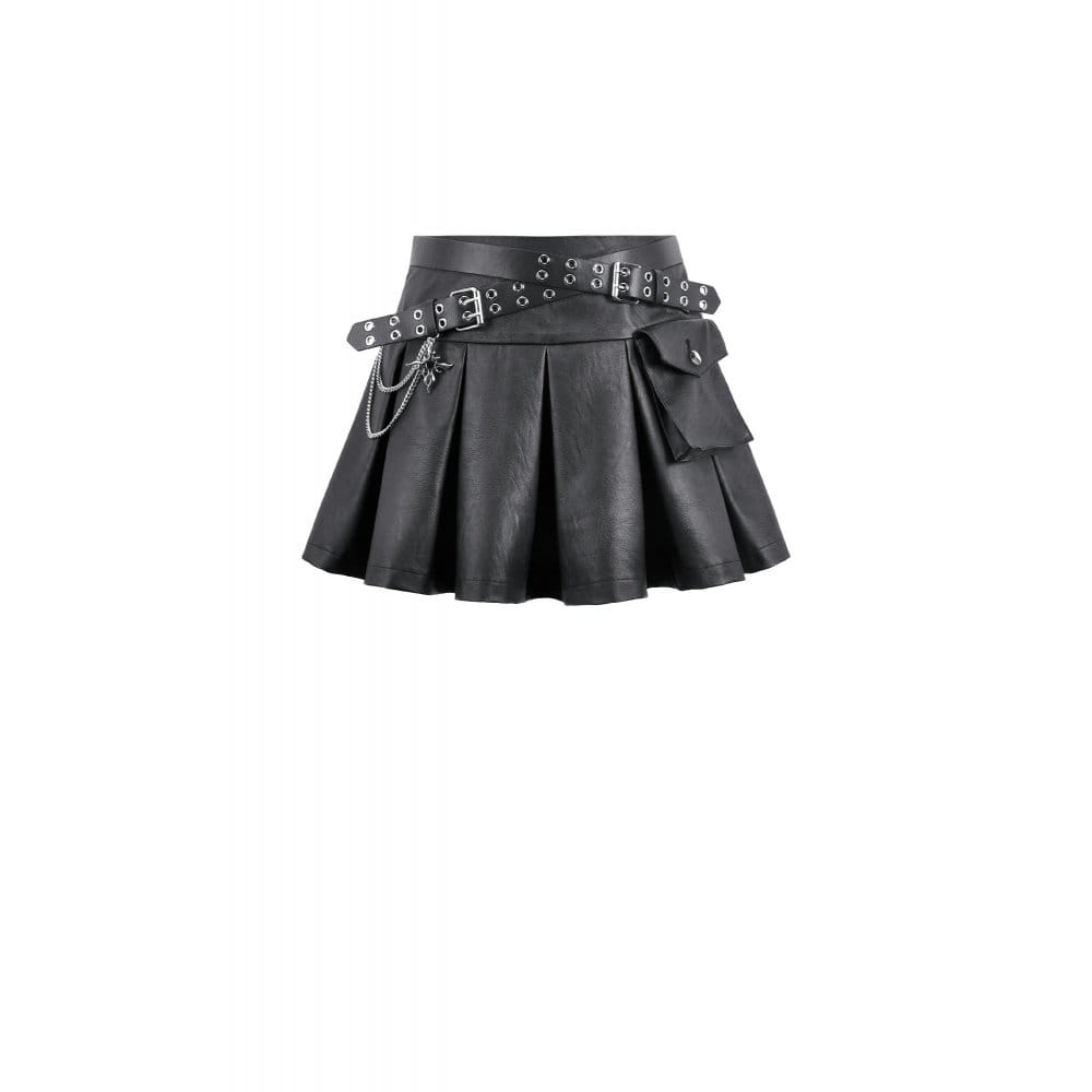 Darkinlove Women's Punk Cross Belt Chained Pleated Skirt