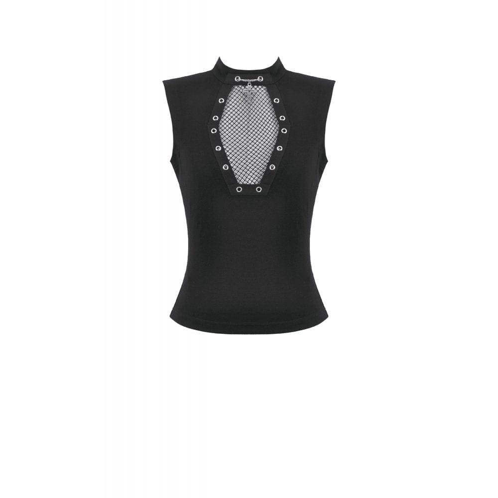 Women's Punk Cross Eyelet Coffin Mesh Splice Tank Top – Punk Design