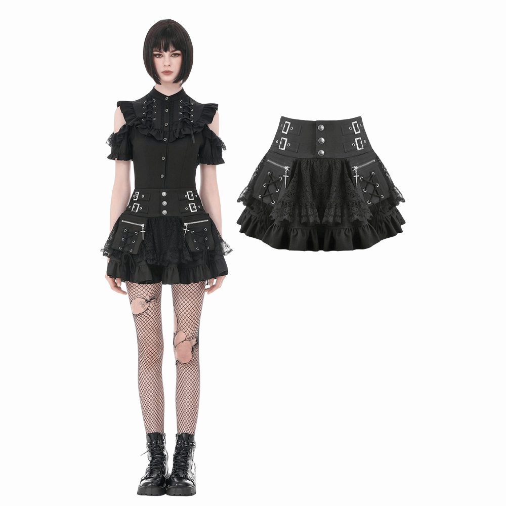 Women's Punk Cross Lace-up Pocket Ruffled Mini Skirt – Punk Design